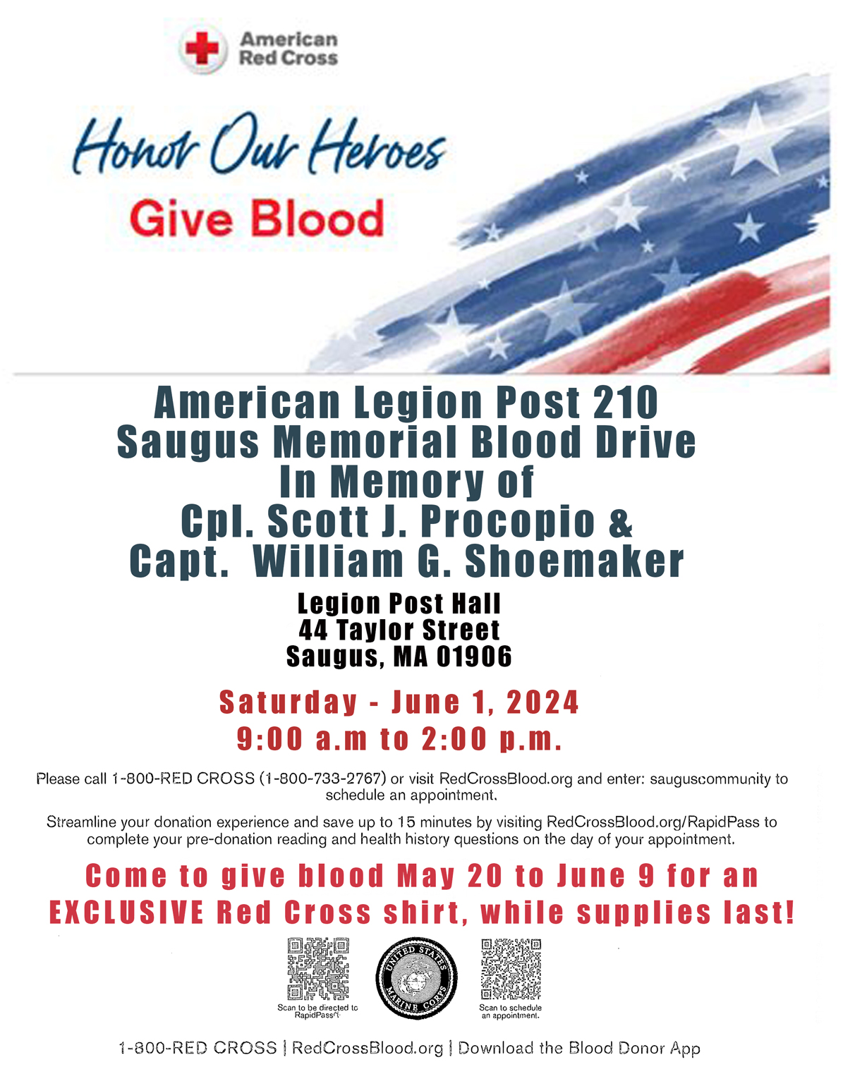 American Legion Post 210 Blood Drive on Saturday, June 1st 2024, from 9:am to 2:pm